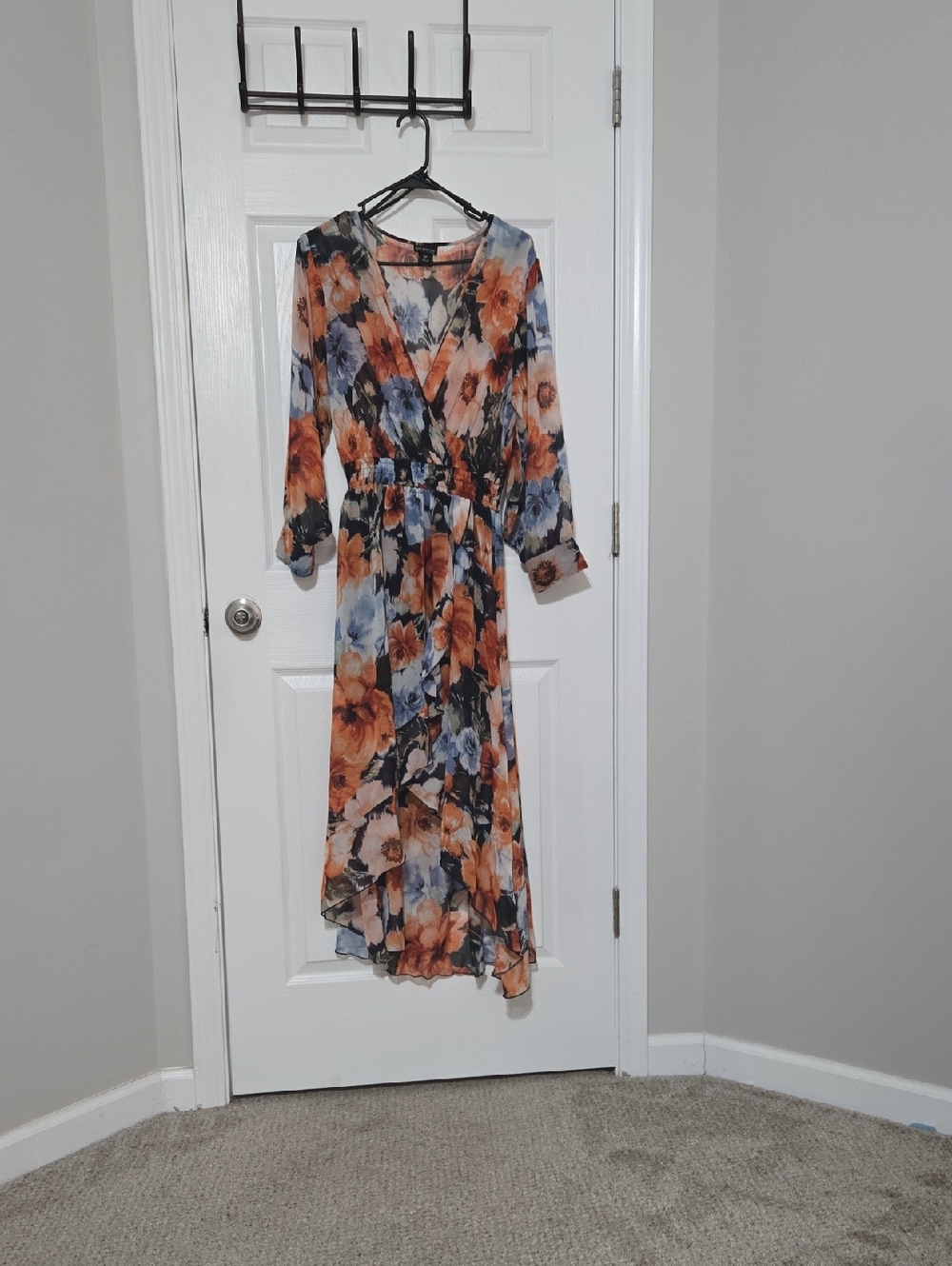 Floral Wrap Midi Dress in Orange and Blue